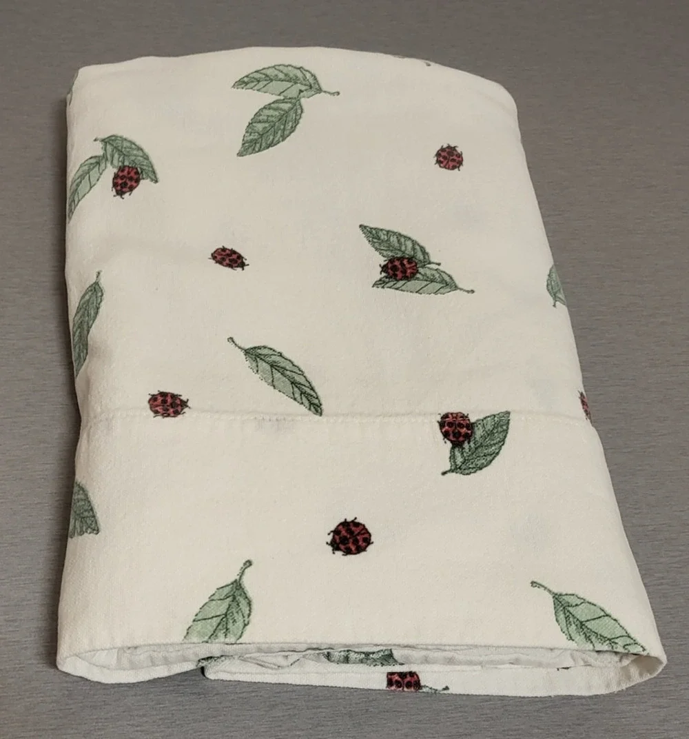 Vintage Flannel Pillowcase King Size Beige Ladybug & Leaf Print Cottagecore